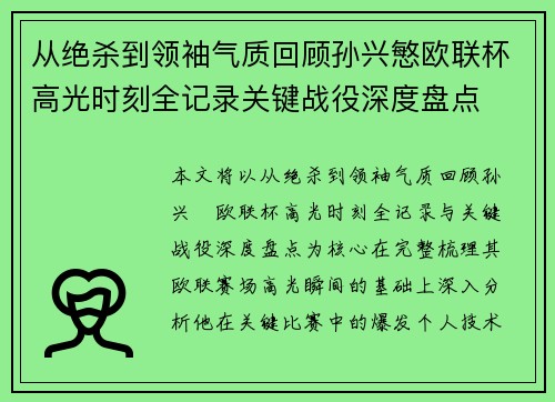 从绝杀到领袖气质回顾孙兴慜欧联杯高光时刻全记录关键战役深度盘点